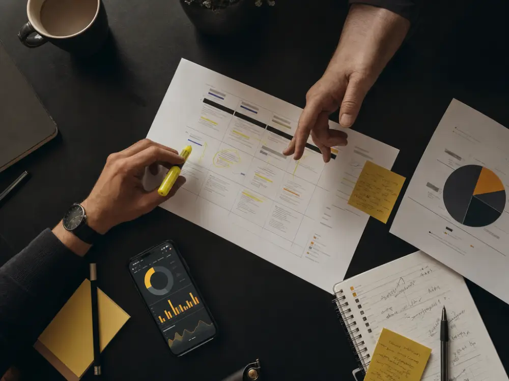 Generated demonstration image — strategy session over printed charts