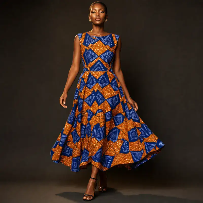 Demo garment, generated: the same ankara dress as an editorial photograph