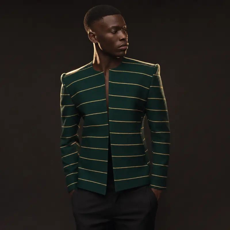 Demo garment, generated: the same aso-oke jacket as an editorial portrait