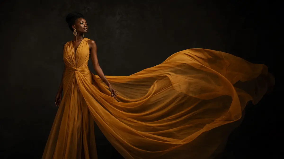 Generated editorial photograph: model in flowing amber fabric against a dark studio backdrop